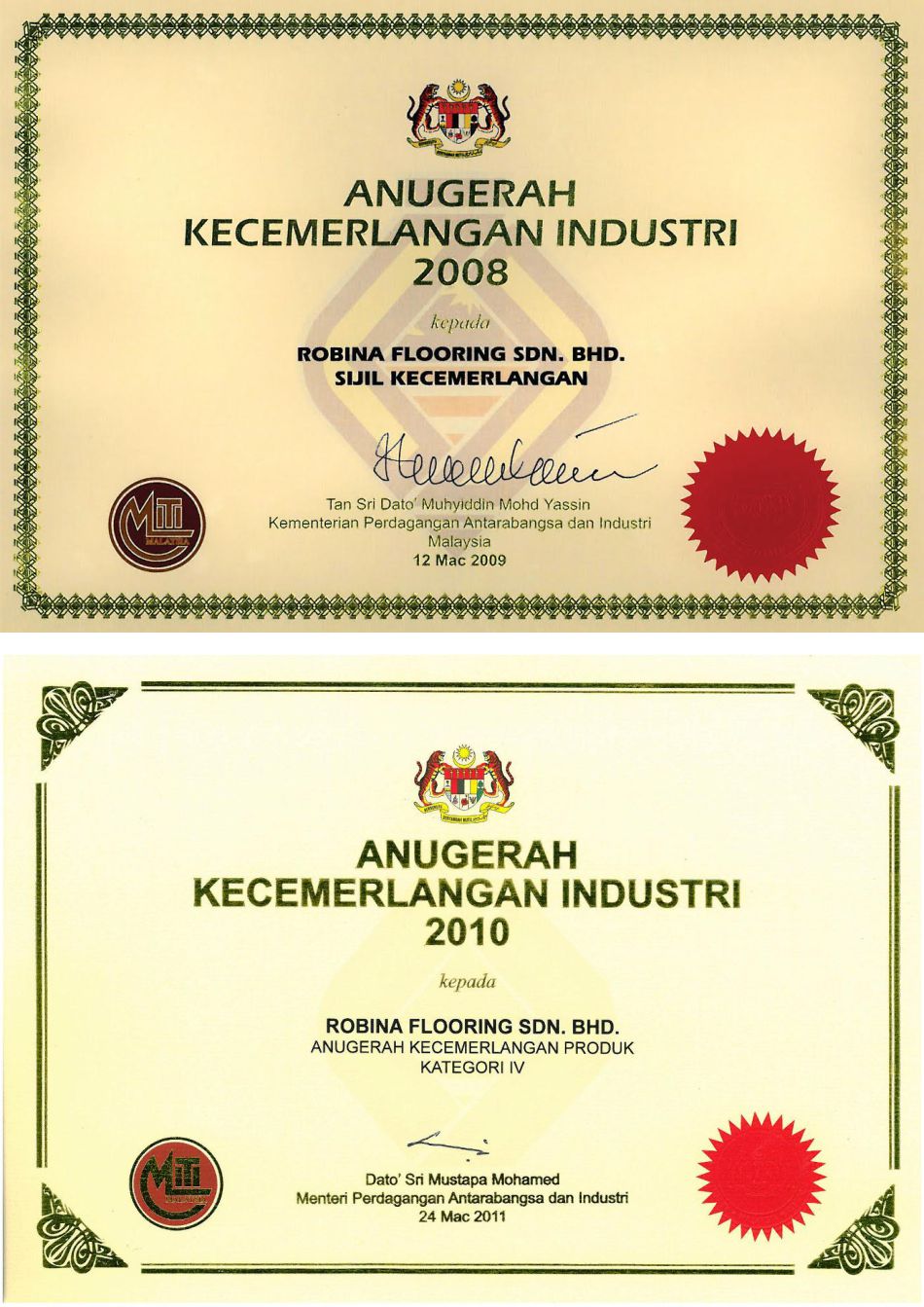 Certificate of Export Excellence 2008 & Product Excellence Award 2010