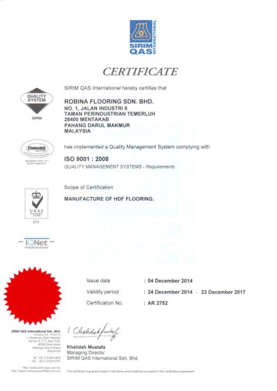 Chứng chỉ chất lượng sàn gỗ MS ISO 9001 : 2008 